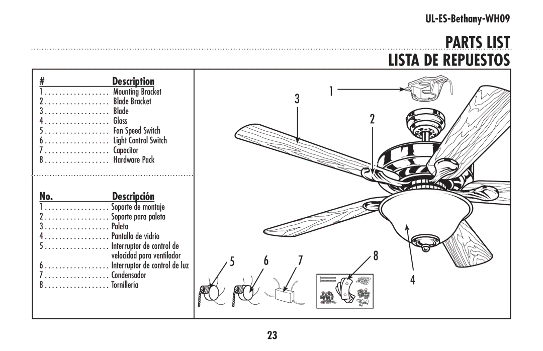 Westinghouse ul-es-bethany-who9 owner manual PARTS LIST Lista DE Repuestos, Interruptor de control de luz 